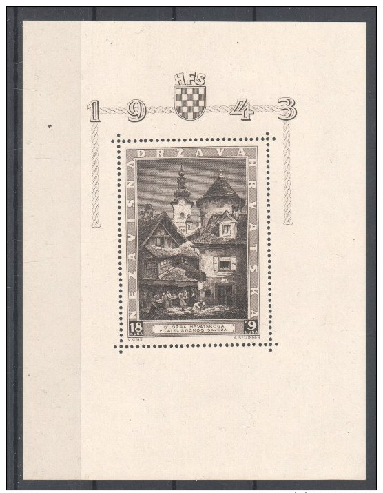 60-010 B // CRO - 1943 STAMPS EXHIBITION ZAGREB Block - Mi 6 *** LUXURY !!! - Croatie