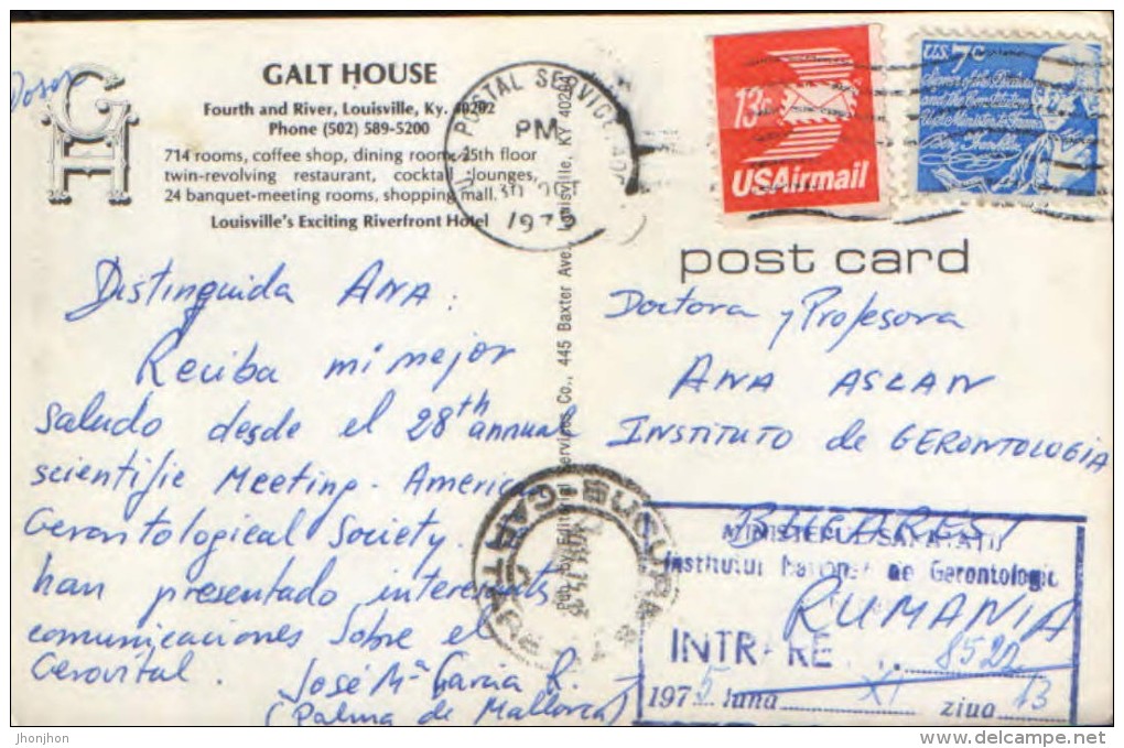 USA - Postcard  1975 -Illustrated Addressed,Pr. Dr. Ana Aslan Of Romania Inventor Geriatric Product Aslavital  - 2/scans - Louisville