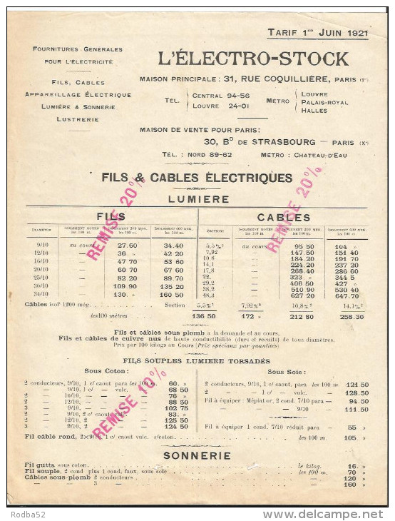 Vieux Papiers - L'électro - Stock - Tarifs Au 1er Juin 1921 - Paris Rue Coquillière - éléctricité - Elektriciteit En Gas