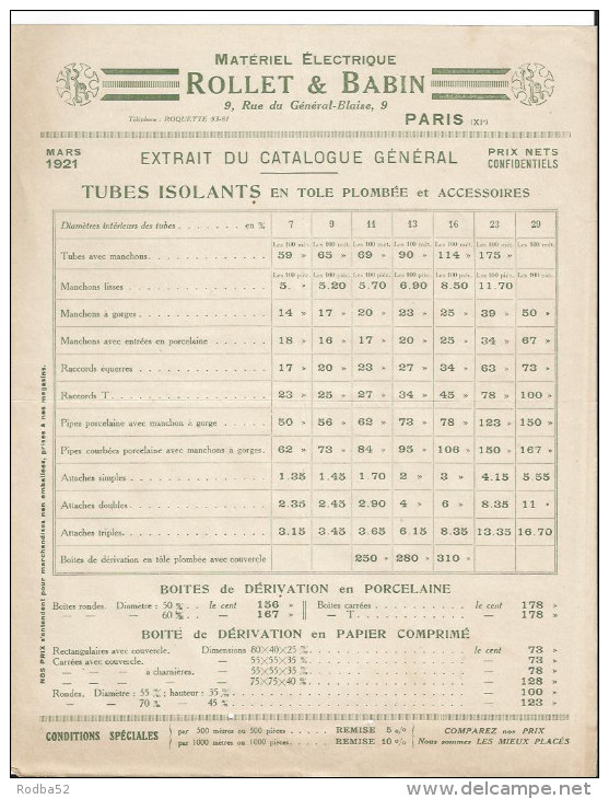 Vieux Papiers - Rollet Et Babin - Matériel électrique - Extrait Du Catalogue 1921 - Paris Rue Général Blai - éléctricité - Elektrizität & Gas