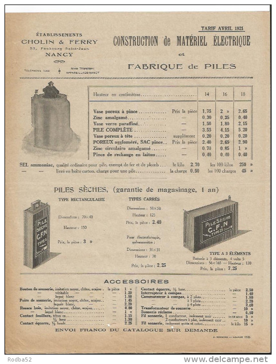 Vieux Papiers - établissements Cholin Ferry Faubourg St Jean à Nancy -construction Matériel électrique Fabrique De Piles - Elektriciteit En Gas