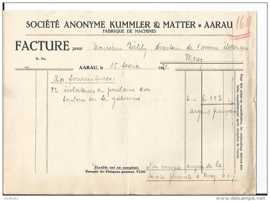 Vieux Papiers -Facture - Société Anonyme Kummler Matter - Aarau - Fabrique De Machines - 1921 - Elektrizität & Gas