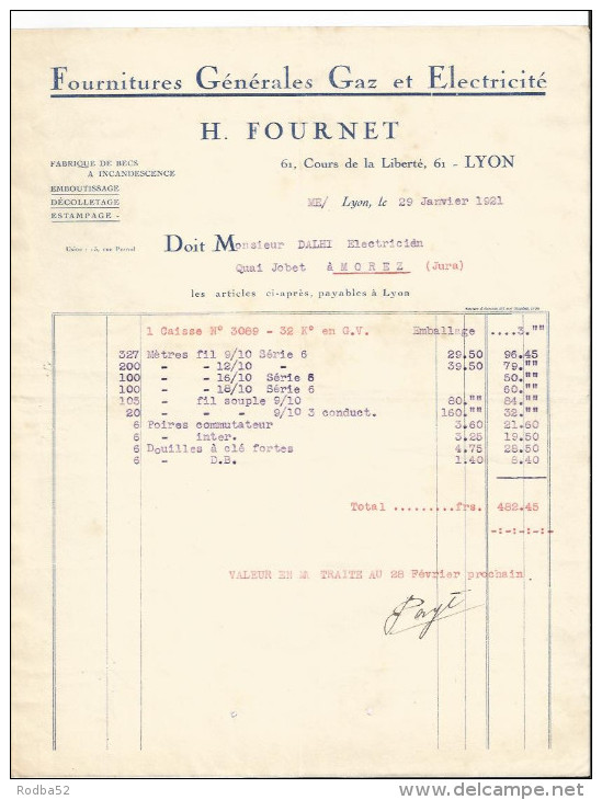 Vieux Papiers -Facture -H. Fournet - Fournitures Générales Gaz Et électricité - Cours De La Liberté à Lyon - Elektriciteit En Gas