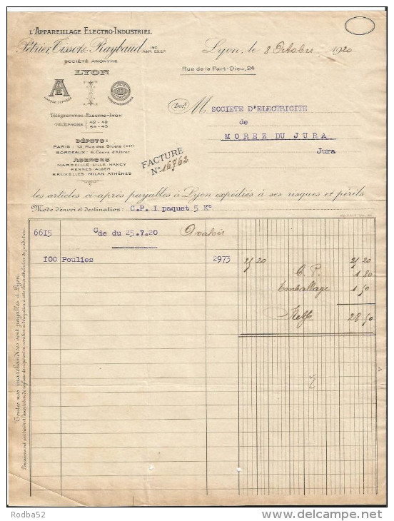 Vieux Papiers -Facture -Appareillage électro-industriel - Pétrier Tissot Raybaud - Lyon Rue De La Part Dieu - Elektriciteit En Gas