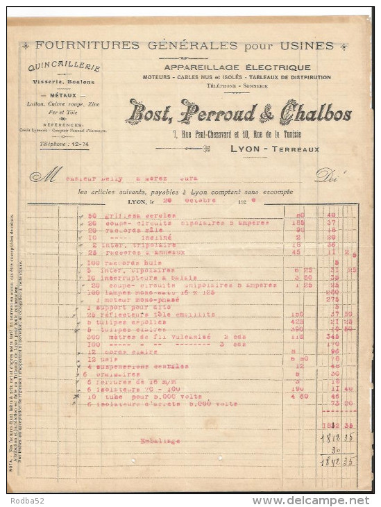 Vieux Papiers -Facture -Bost Perroud Chalbos - Fournitures Générales Pour Usines - Métaux Visseries Cuivre - éléctricité - Elektriciteit En Gas