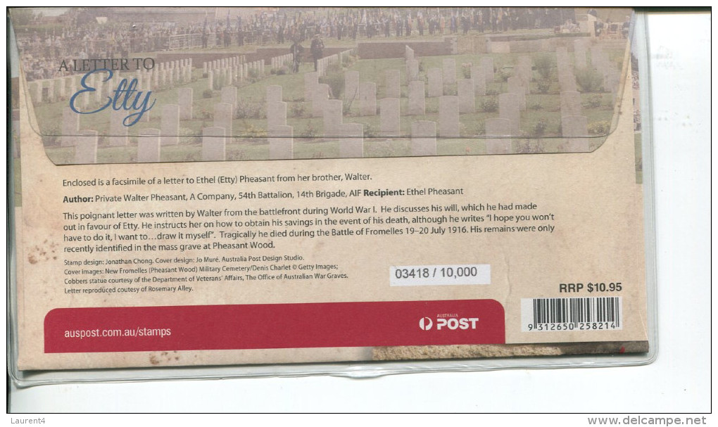 (100) Australia Stamp Coin Cover - Fromelles A Letter From Elly (RRP $ 10.95) With Special P-Stamp - Altri & Non Classificati