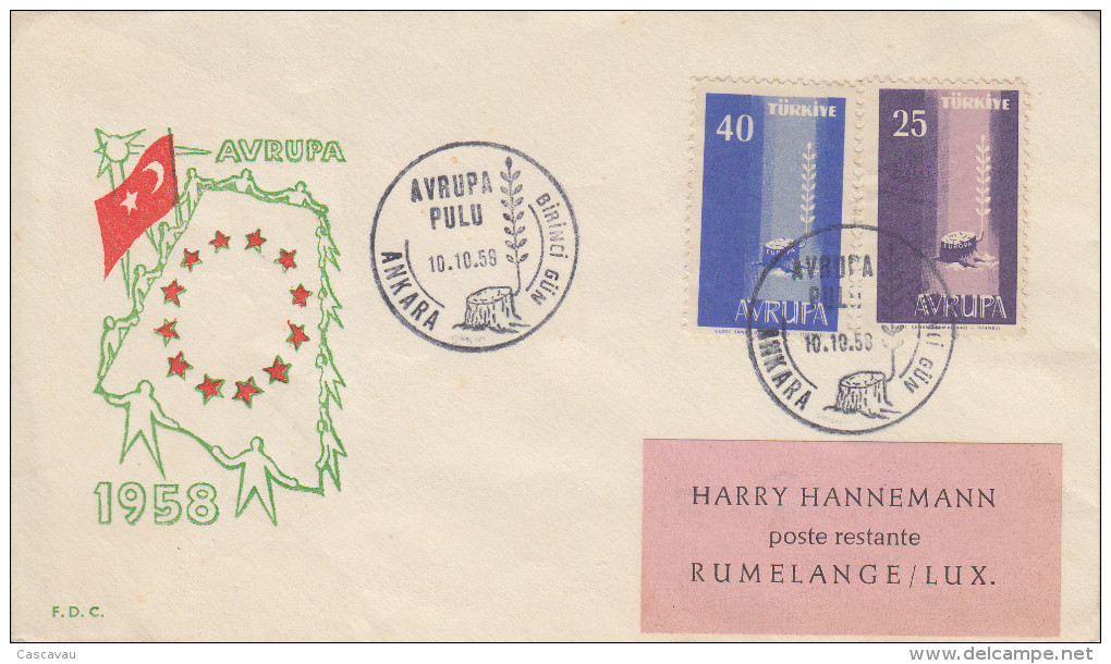 Enveloppe  FDC  1er  Jour    TURQUIE    Paire   EUROPA     1958 - 1958