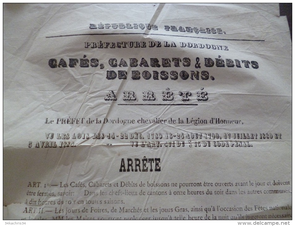 Rare Affiche Placard 2 X A4. Arrêté Sur Les Cafés, Cabarets Et Débits De Boissons. Maisons Closes? Périgueux 1884. - Posters