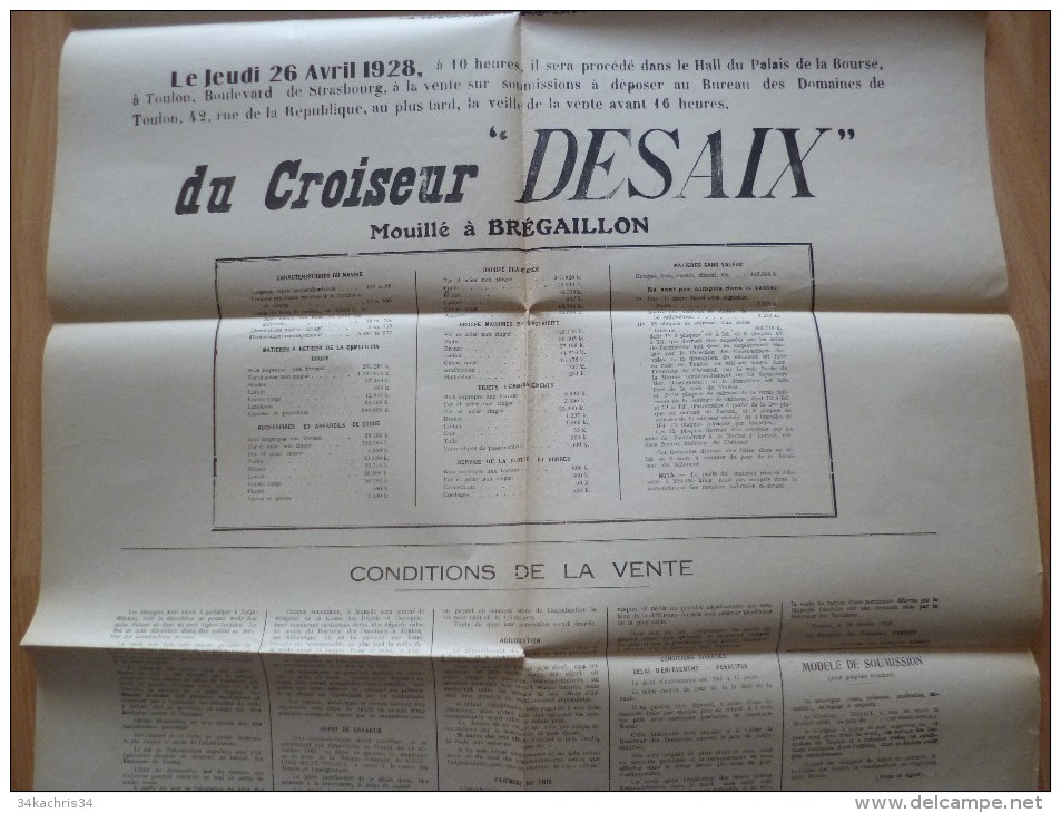 Rare Affiche Placard 26 Avril 1928. Vente Du Croiseur Desaix.  55 X 80. Document Marine Rarissime - Dokumente