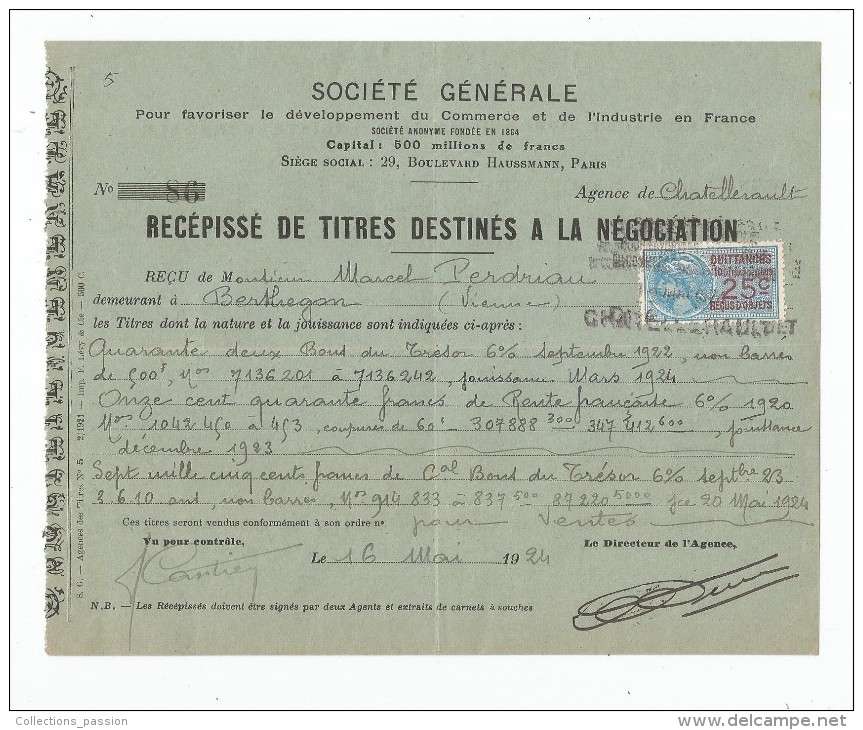 Récépissé De Titres Destinés à La Négociation , SOCIETE GENERALE , 1924 , , Timbre Fiscal - Other & Unclassified