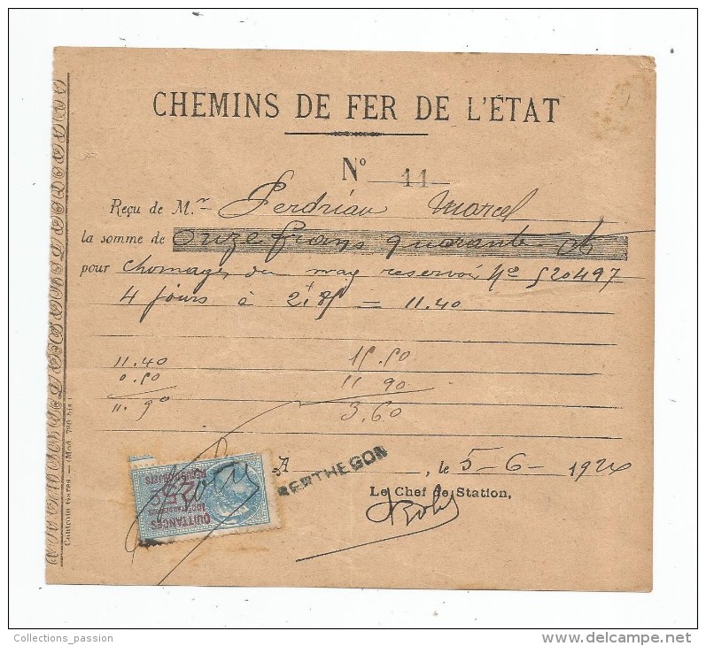 Reçu , Chemins De Fer De L'état , 1924 , Timbre Fiscal - Autres & Non Classés