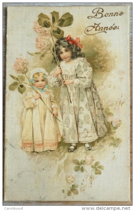 Superbe Cpa Precurseur LITHO SUR SOIE Illustrateur Clappsaddle ? Voeux Enfant Fille Fleur Trefle Voyagé 1907 Vers JETTE - Cartes Porcelaine