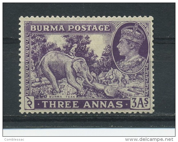 BURMA   1938    3a   Dull  Violet    MH - Burma (...-1947)