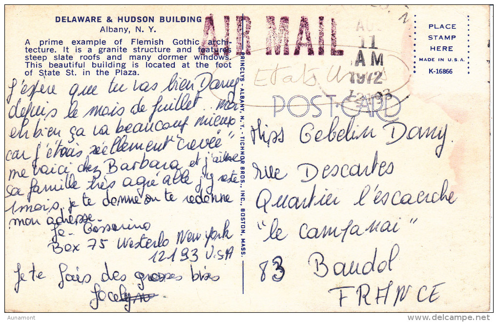 Estados Unidos--1972--Delaware & Hudson Building--Air Mail--a Francia - Other & Unclassified