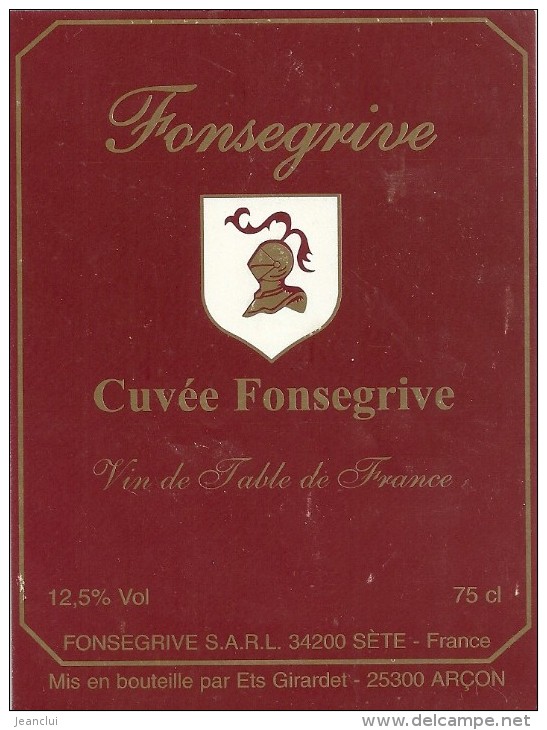 --CUVEE FONSEGRIVE--34200-SETE--12.5°/°--75cl-- - Vin De Pays D'Oc