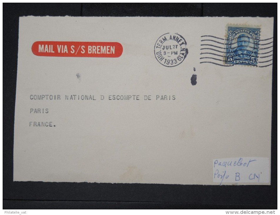 ETAS UNIS- Pérfore" B Cn " Sur Devant D Enveloppepour Paris En 1933  Etiquette " Mail Via S/s Bremen"  A Voir LOT P4651 - Perforados