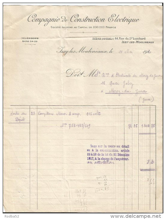 Vieux Papier - Compagnie De Construction Electrique - Rue Du Dr Lombard à Issy Les Moulineaux - Facture - Elektriciteit En Gas