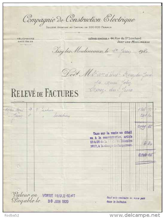 Vieux Papier - Compagnie Construction Electrique - Rue Du Dr Lombard à Issy Les Moulineaux - Relevé De Factures - Electricity & Gas