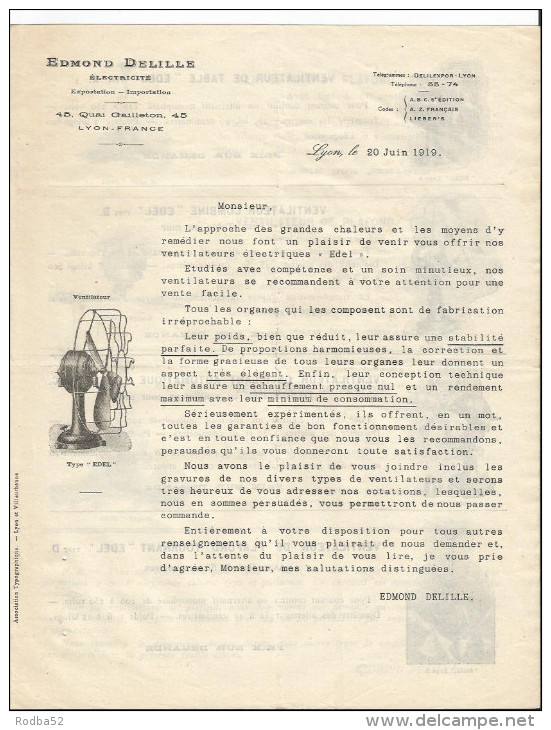 Vieux Papier - Publicité - Edmond Delille électricité - Quai Gailleton  - Lyon - Ventilateur - Industrie - Pubblicitari