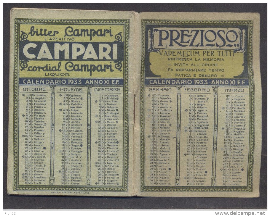 9539-"PREZIOSO" VADEMECUM 1933-CAMPARI-CALENDARIO - Formato Grande : 1921-40