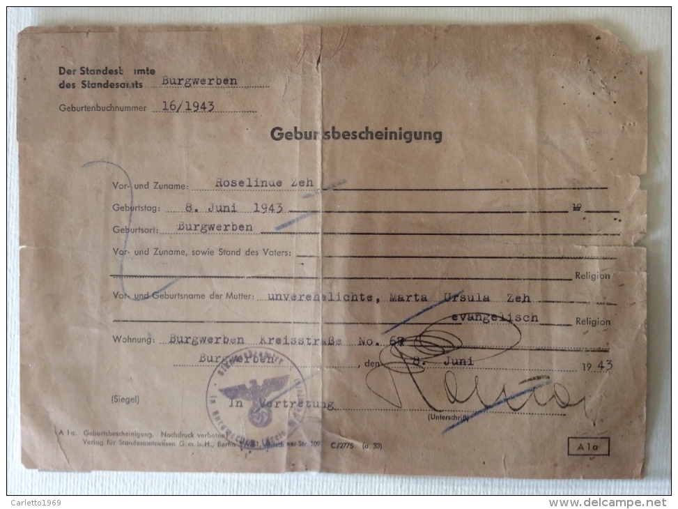 Certificato Di Nascita Del 1943 Terzo Reich Retro Timbro Ministero Affari Esteri Italiano Autenticita' - Documenti