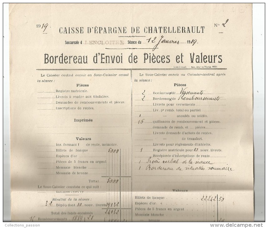 Bordereau D'envoi De Pièces Et Valeurs , Caisse D'Epargne De CHATELLERAULT , Vienne , 1919 , 37.5 X 24 - Andere & Zonder Classificatie