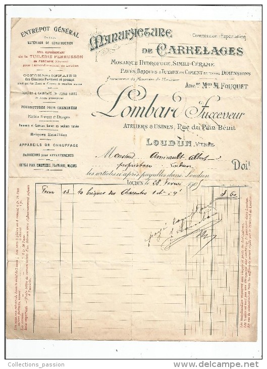 Facture , Manufacture De Carrelages , LOMBARD , LOUDUN , Vienne , 1905 - Altri & Non Classificati