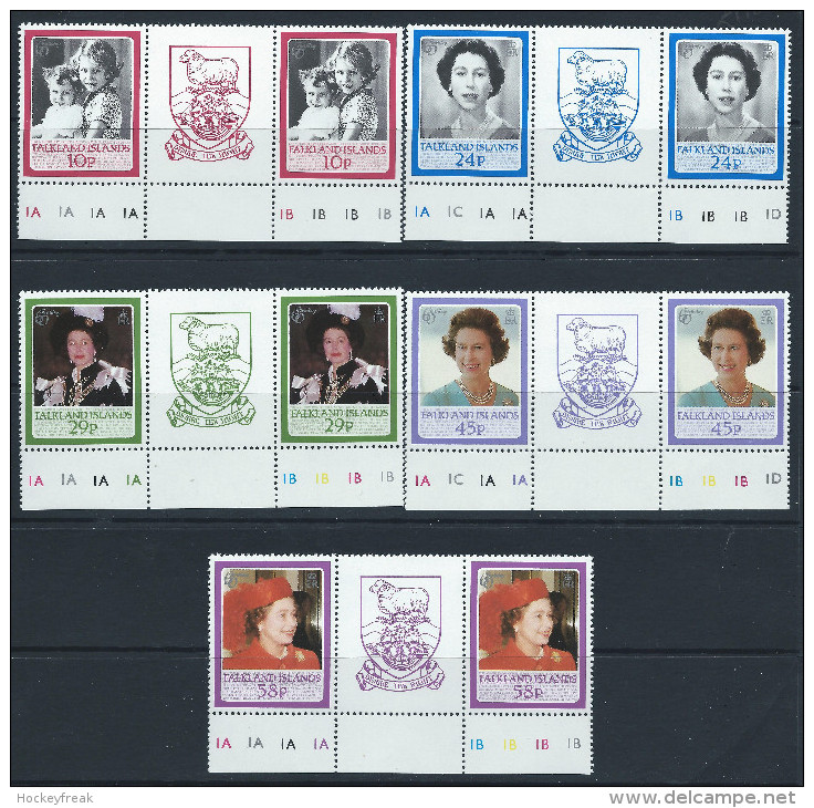 Falkland Islands 1986 - 60th Birthday Of Queen Elizabeth Plate Gutter Pairs SG522-526 MNH - Face Value £3.32 - Falklandinseln