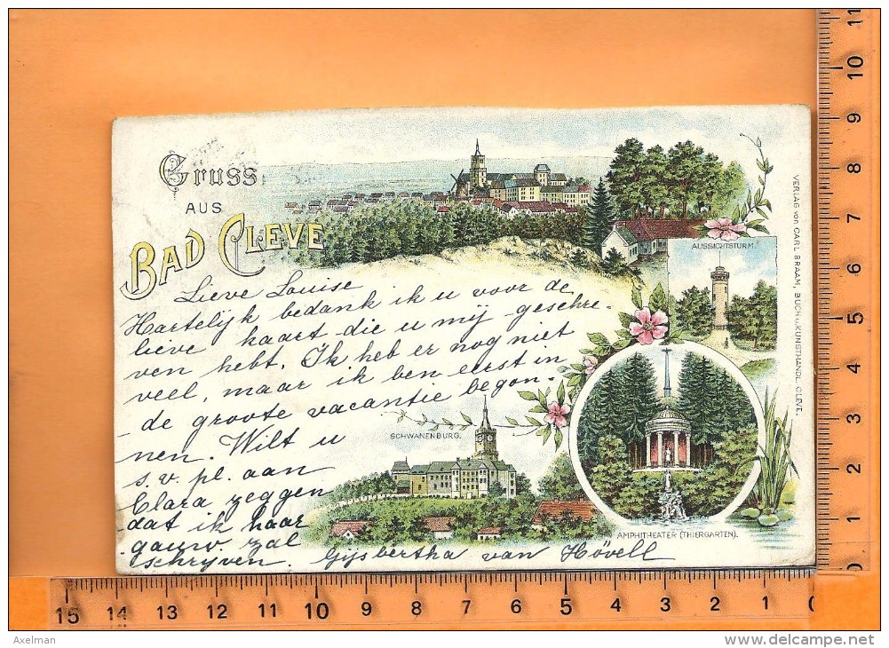 BAD CLEVE: Lithographie Multi Vues, Gruss, Panorama, Aussichtsturm, Amphitheater, Schwanenburg - Kleve