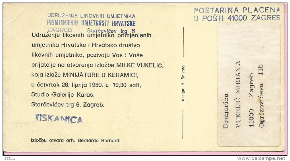 Fine Artists Assocciation - Opening Art Exhibition Of Milka Vukeli&#263;, 1980., Yugoslavia, Postcard () - Other & Unclassified