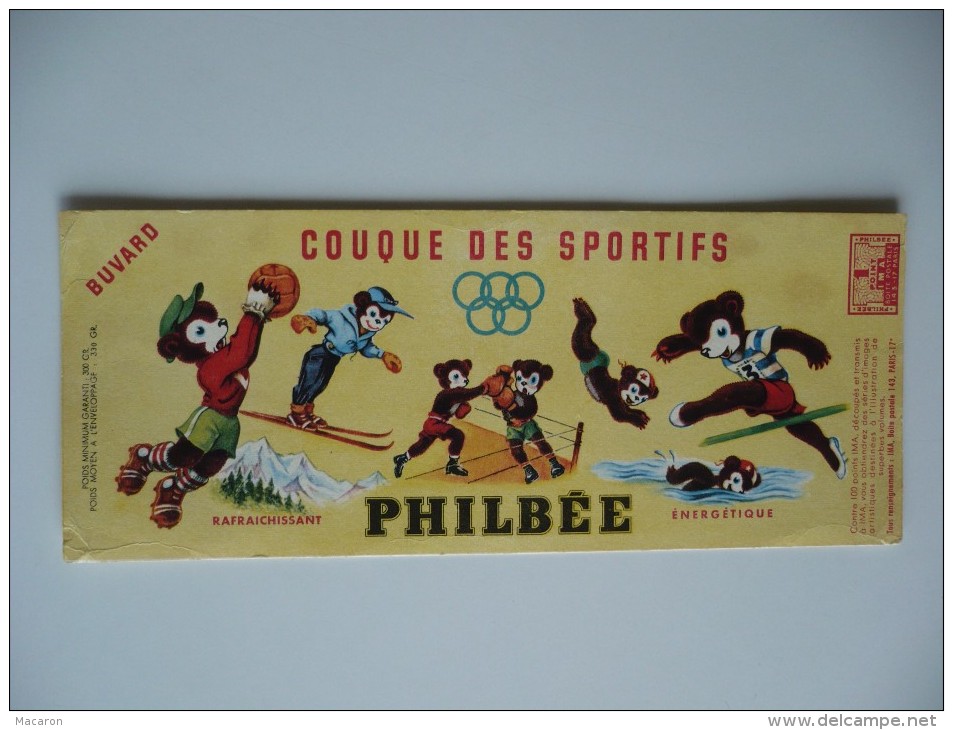 BUVARD PHILBEE COUQUE Des SPORTIFS. ANNEAUX OLYMPIQUES. Années 50. BEtat. OURS FOOT SKI NATATION BOXE SAUT - Honigkuchen-Lebkuchen