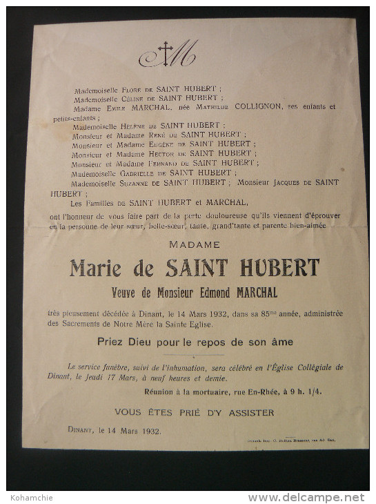 Faire Part De Deces Marie De Saint Hubert Decedee A Dinant 1932 - Avvisi Di Necrologio