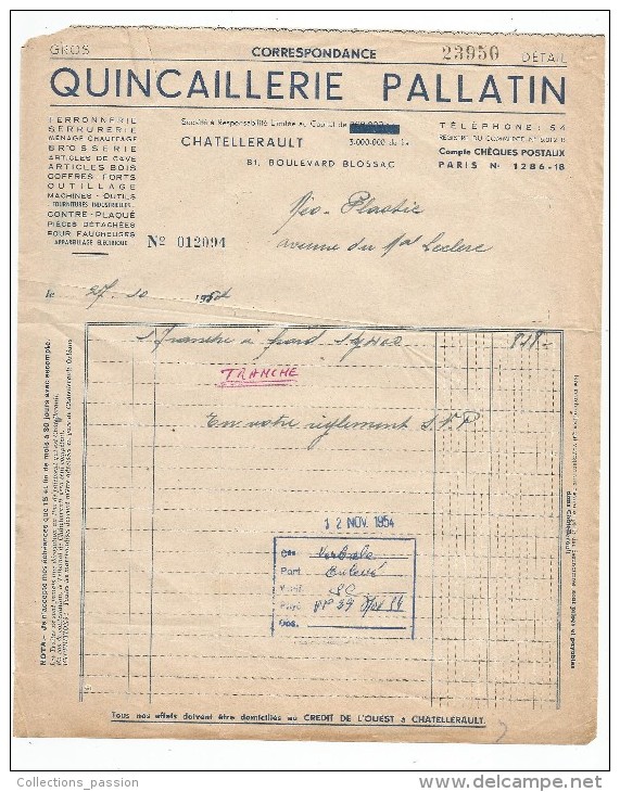 Facture , QUINCAILLERIE PALLATIN , CHATELLERAULT , Vienne , 1954 - Autres & Non Classés