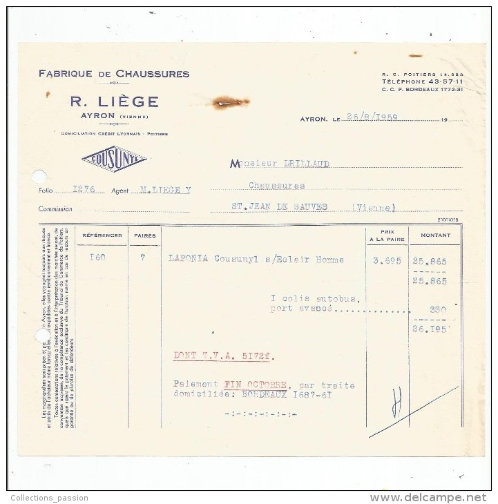 Facture , Chaussures , R. LIEGE , AYRON , Vienne , 1959 - Autres & Non Classés