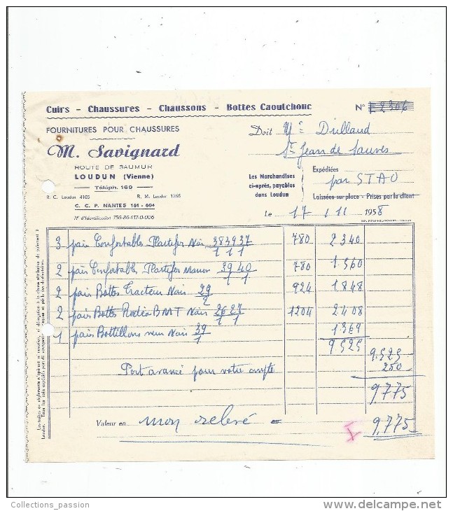 Facture , Chaussures , Chaussons Cuirs , Bottes Caoutchouc , 1958 , SAVIGNARD , LOUDUN , Vienne , Frais 1.55 E - Autres & Non Classés