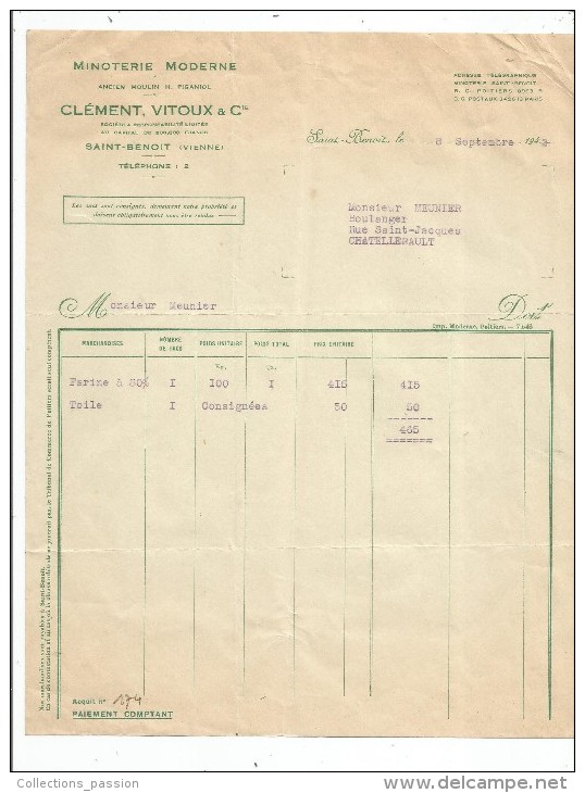 Facture , Minoterie Moderne , CLEMENT , VITOUX & Cie , SAINT BENOIT , Vienne , 1942 - Other & Unclassified