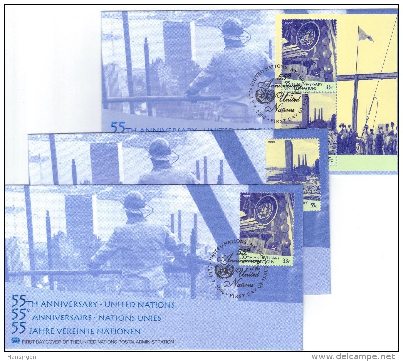 XIO46 FDC UNO NEW YORK  2000 MICHL 837/38 + BLOCK 18  FIRST DAY COVER 3 STÜCK - FDC