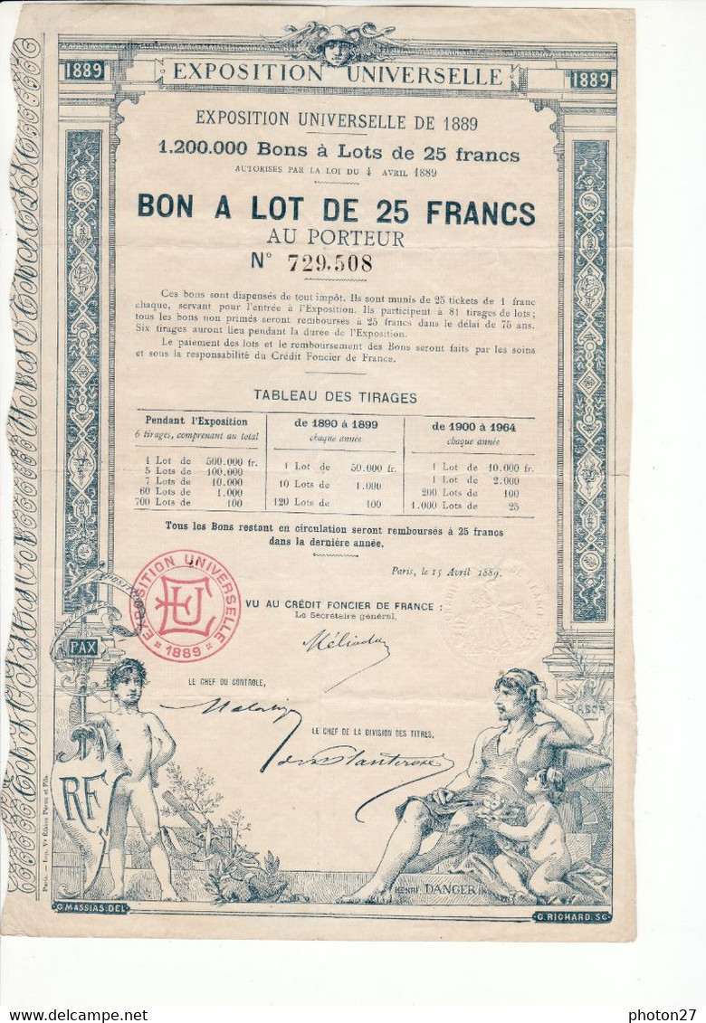 Exposition Universelle De 1889 - Bon à Lot De 25F Au Porteur - D - F