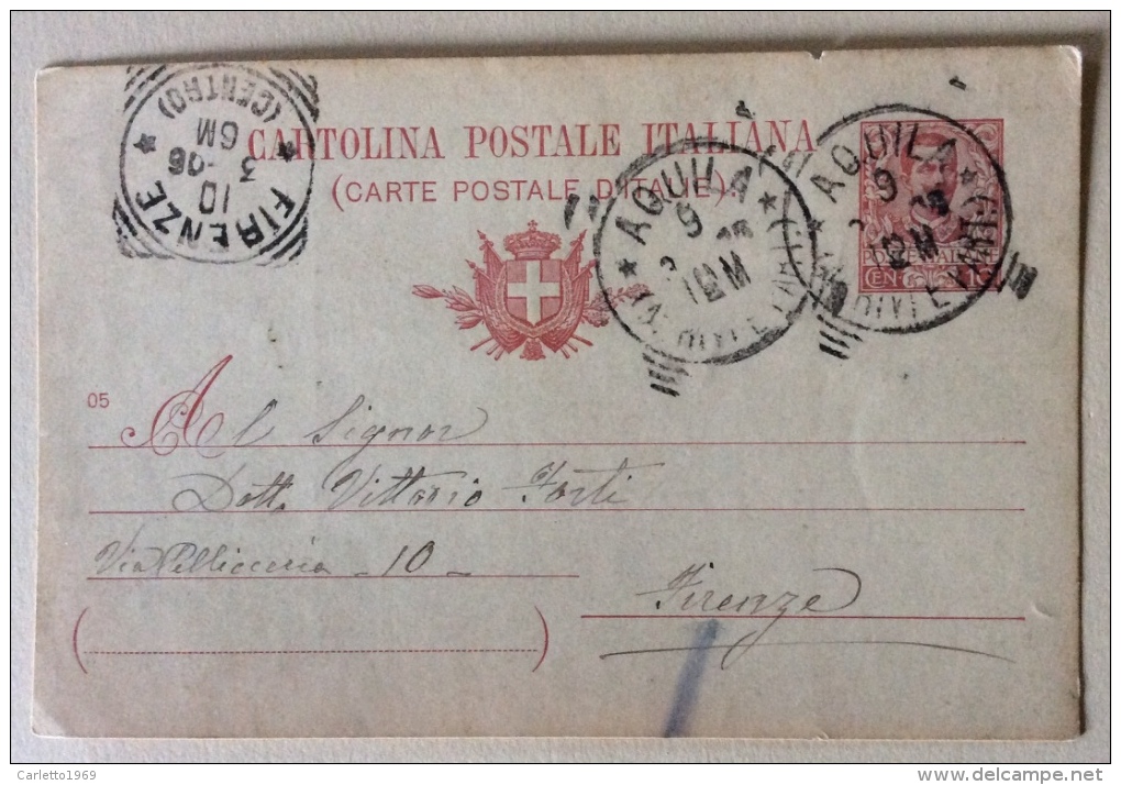 Cartolina Postale Italiana 1906 Timbri Firenze E Aquila - Correos & Carteros