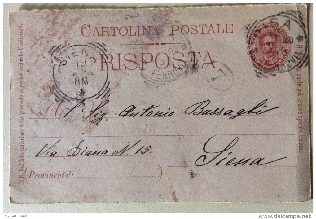 Cartolina Postale Risposta Del 1900 Timbri Siena - Pisa - Poste & Postini