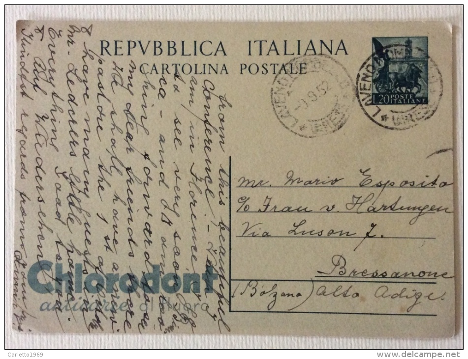 Cartolina Postale Pubbl.ta' Chlorodont Spedita Il 09/09/1952 Timbro Laveno Mombello - Postal Services