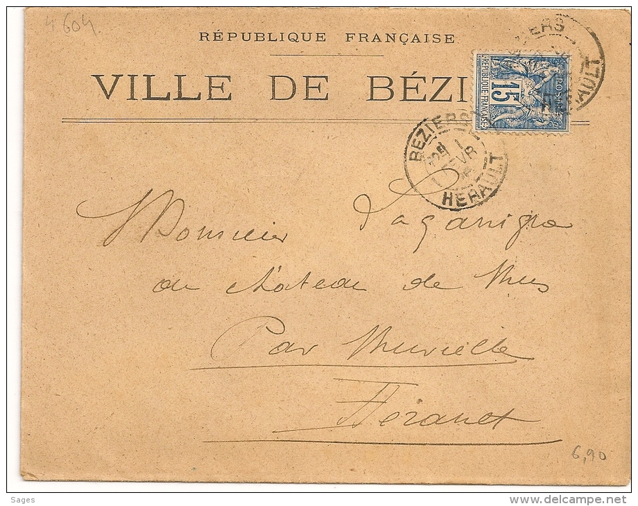 REPUBLIQUE FRANCAISE, VILLE DE BEZIER Hérault  Sur Enveloppe SAGE. - 1877-1920: Période Semi Moderne