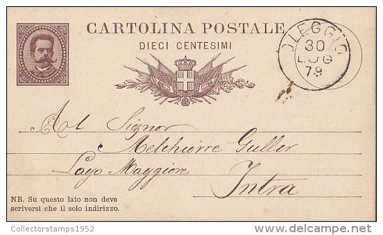 18836- KING UMBERTO I, POSTCARD STATIONERY, SENT FROM OLEGGIO TO INTRA, 1879, ITALY - Interi Postali