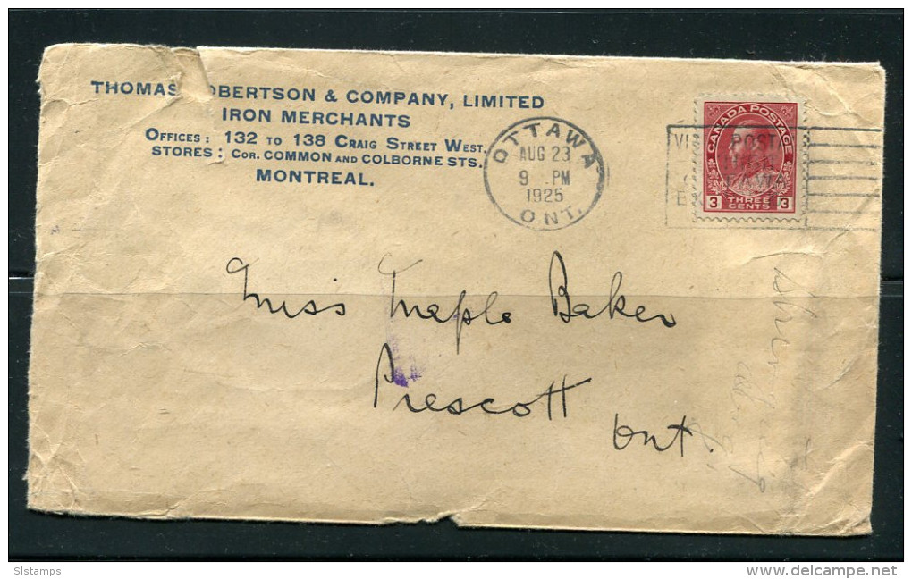 Canada 1925 Cover Otawa-Prescott Single Usage  3c - Lettres & Documents