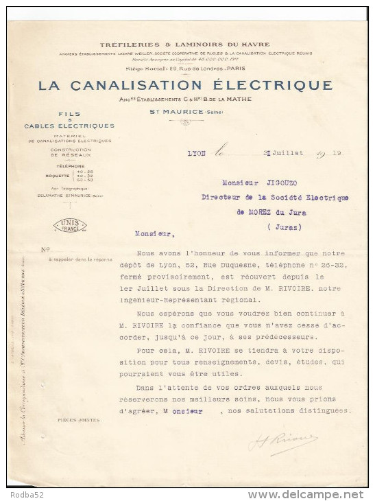 Lettre - La Canlisation électrique  à St Maurice - Fils Et Cables électrique - Tréfileries Et Laminoirs  Du Havre - Elektriciteit En Gas