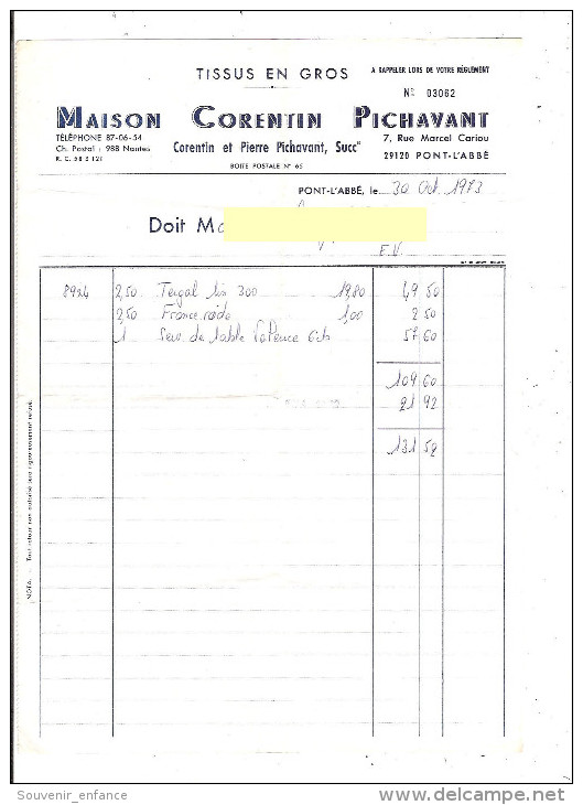 Facture Maison Corentin Pichavant Tuissu En Gros Pierre 7 Rue Marcel Cariou Pont L'Abbé 29 Finistère - Textilos & Vestidos