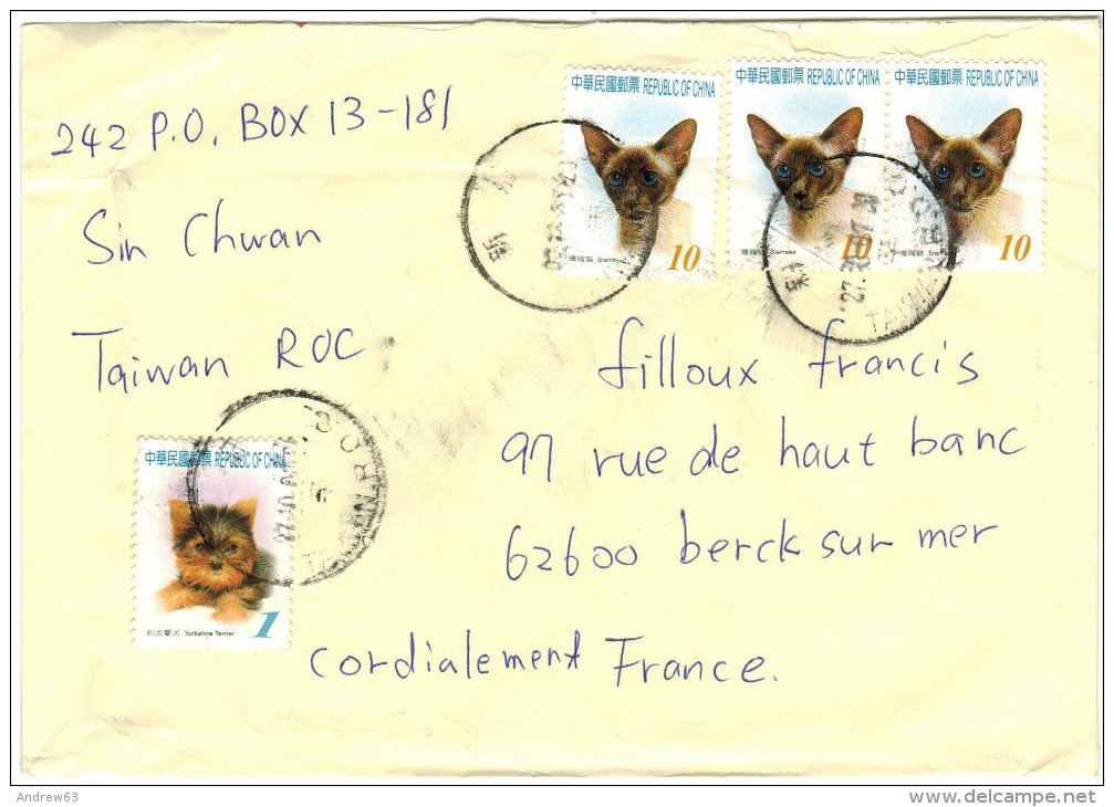 TAIWAN - Republic Of China - 2007 - Cat + Dog - Viaggiata Da Taiwan Per Berck-sur-mer, France - Covers & Documents