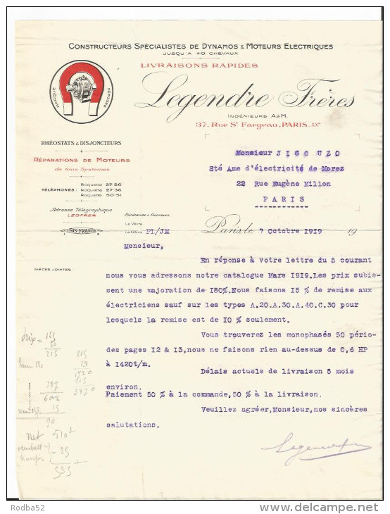 Lettre - Legendre Freres - Constructeurs Spécialistes Dynamos Moteurs Electriques  Disjoncteur Paris Rue St Fargeau - Elektrizität & Gas