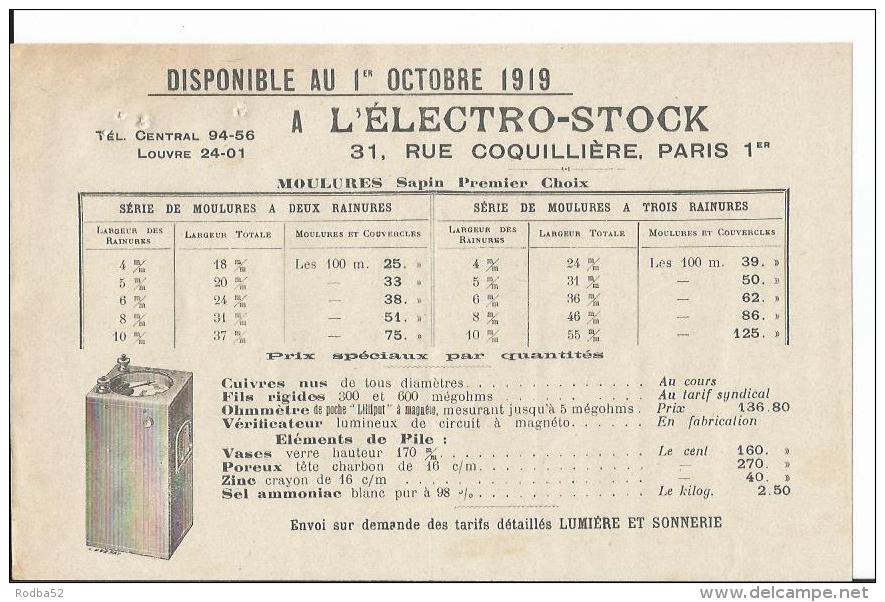 Publicité - Pub - L´électro-stock - Tarifs Au 1er Octobre 1919 - Paris Rue Coquillière - Electricité - Pubblicitari