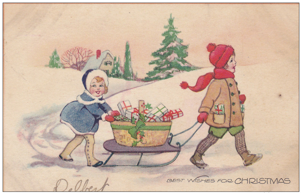 CHRISTMAS: Best Wishes For Christmas, Boy And Girl With Basket Of Gifts On Sled, 00-10s - Altri & Non Classificati